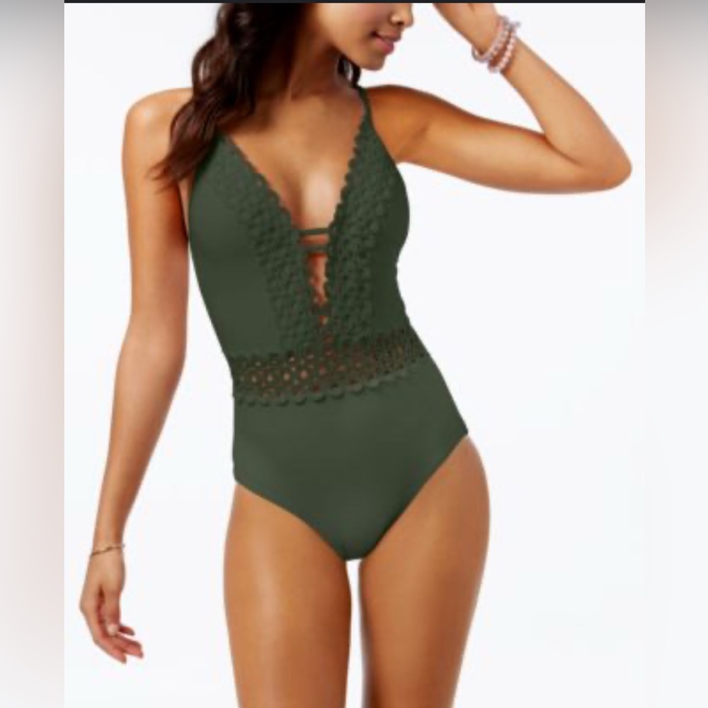 BECCA Siren Plunging One Piece Bathing Suit Crochet Detail Army Green $128 XS